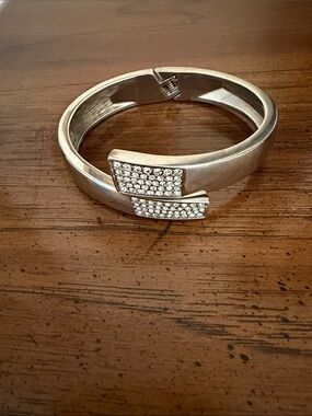 Crystal Pavé Silver Hinged Bangle Bracelet - Women Jewelry